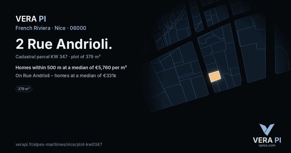 2 Rue Andrioli, Nice at night – the plot lit, the parcels around coloured by the prices near them