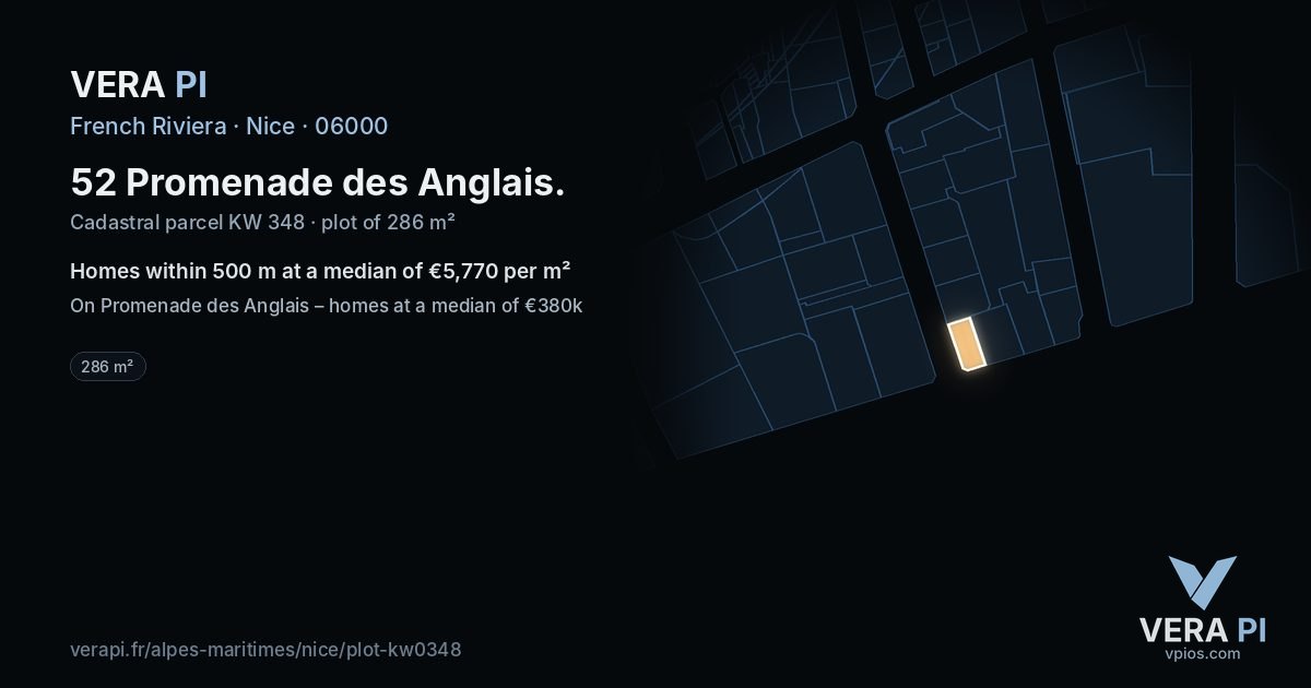 52 Promenade des Anglais, Nice at night – the plot lit, the parcels around coloured by the prices near them