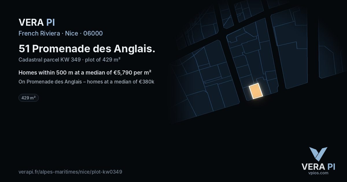 51 Promenade des Anglais, Nice at night – the plot lit, the parcels around coloured by the prices near them
