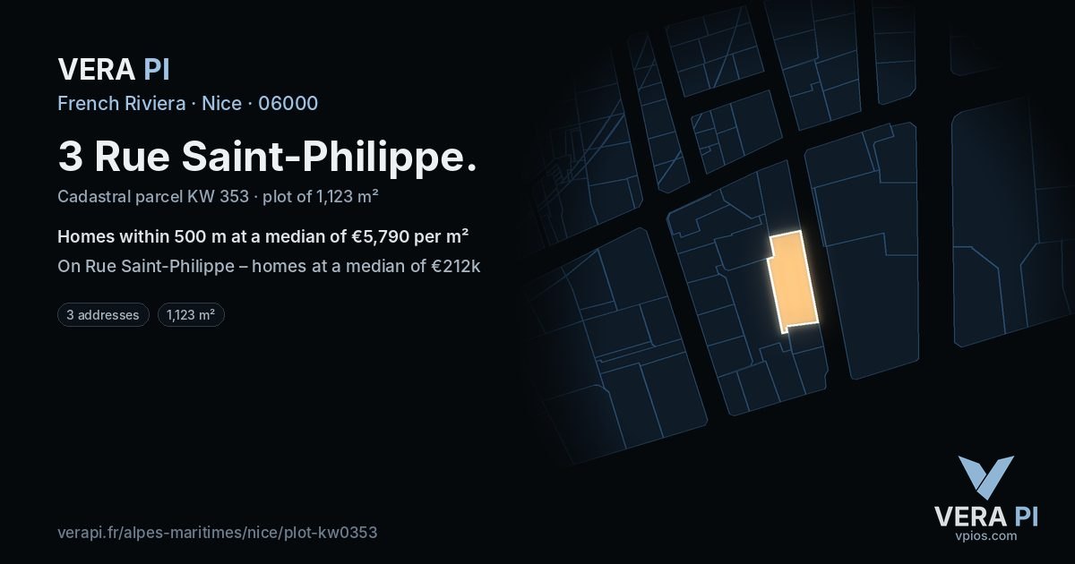 3 Rue Saint-Philippe, Nice at night – the plot lit, the parcels around coloured by the prices near them