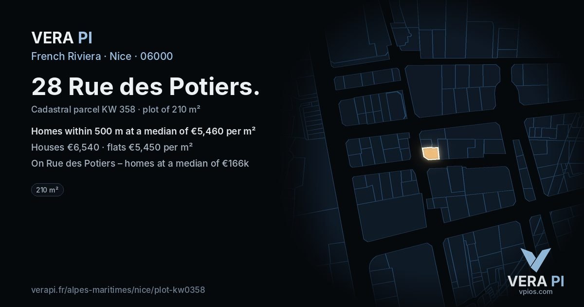 28 Rue des Potiers, Nice at night – the plot lit, the parcels around coloured by the prices near them