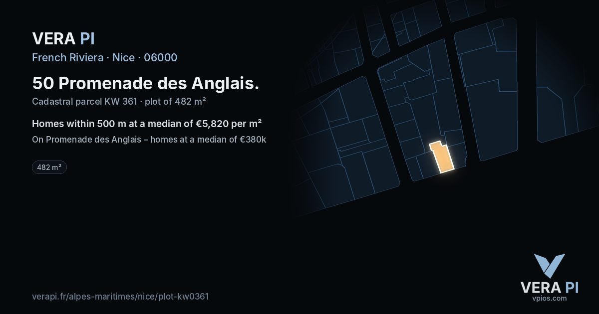 50 Promenade des Anglais, Nice at night – the plot lit, the parcels around coloured by the prices near them