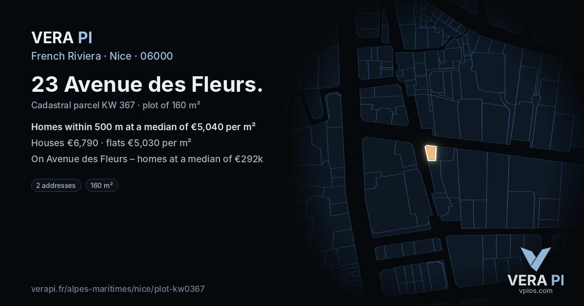 23 Avenue des Fleurs, Nice at night – the plot lit, the parcels around coloured by the prices near them