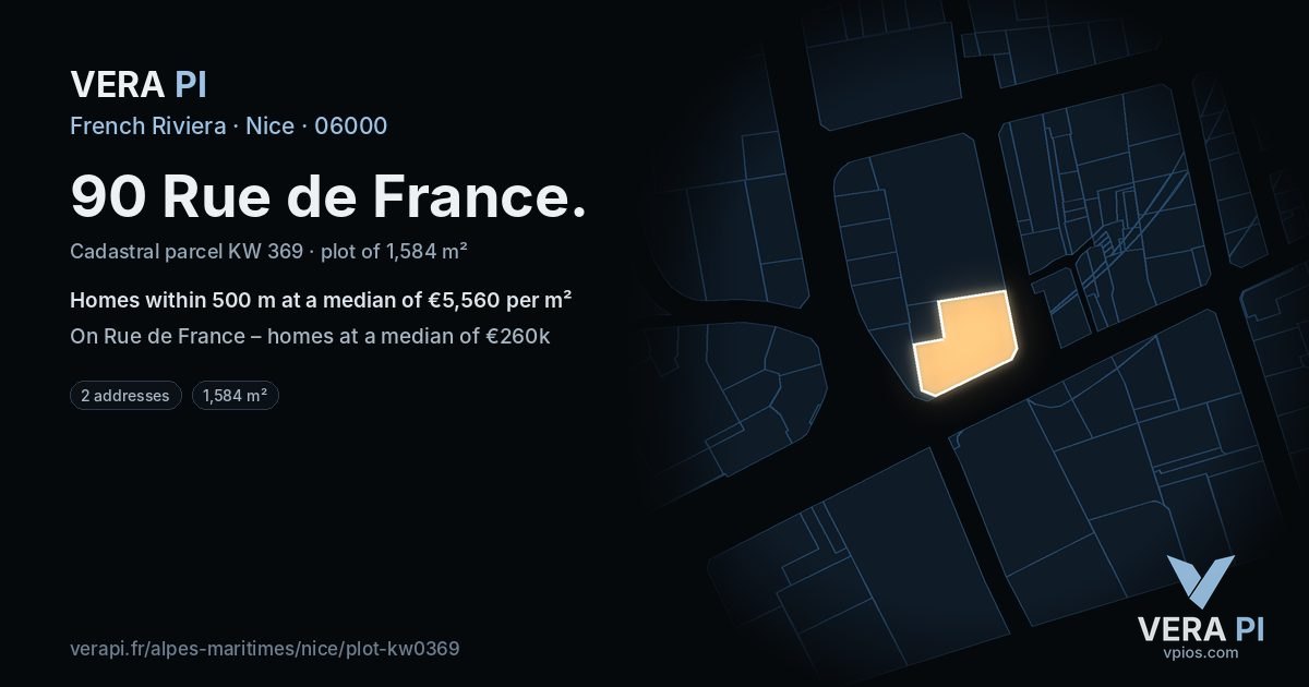 90 Rue de France, Nice at night – the plot lit, the parcels around coloured by the prices near them