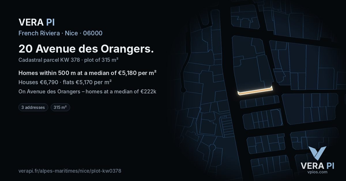 20 Avenue des Orangers, Nice at night – the plot lit, the parcels around coloured by the prices near them