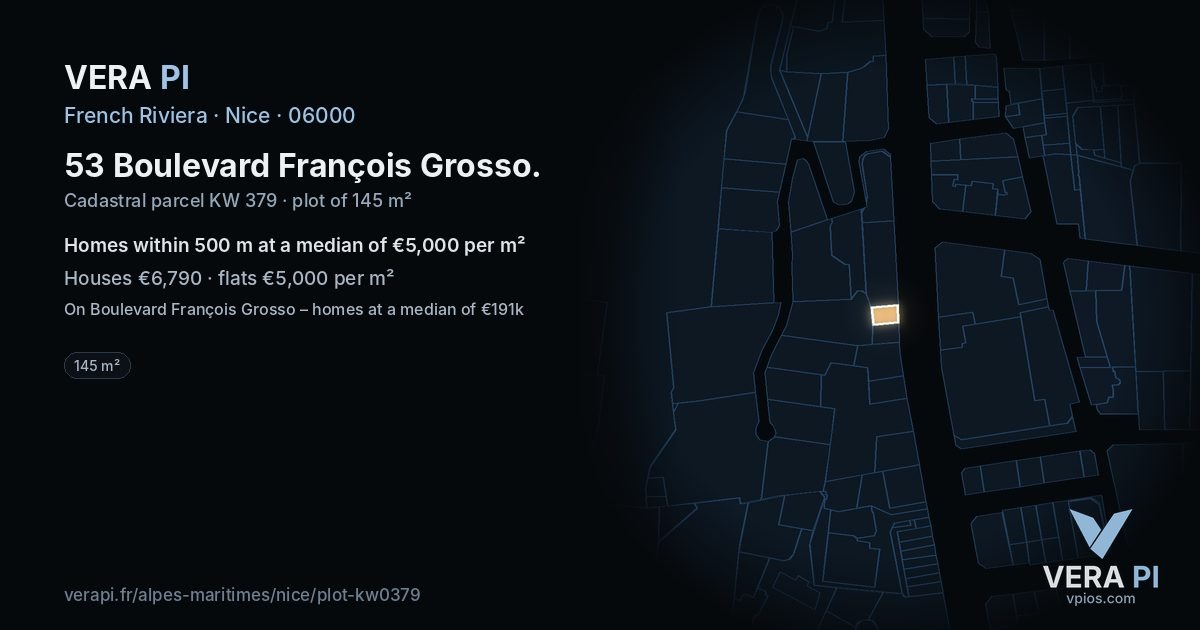 53 Boulevard François Grosso, Nice at night – the plot lit, the parcels around coloured by the prices near them