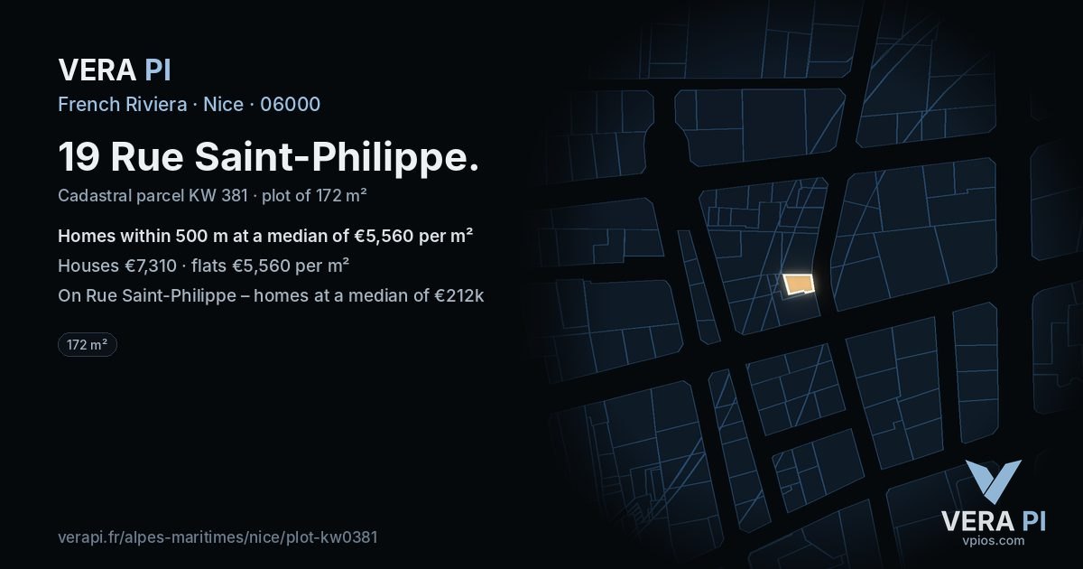 19 Rue Saint-Philippe, Nice at night – the plot lit, the parcels around coloured by the prices near them