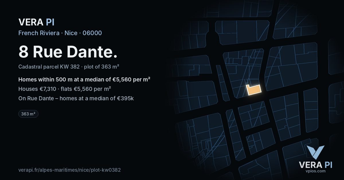 8 Rue Dante, Nice at night – the plot lit, the parcels around coloured by the prices near them
