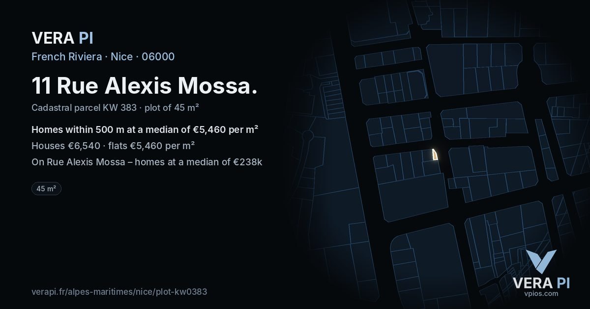 11 Rue Alexis Mossa, Nice at night – the plot lit, the parcels around coloured by the prices near them