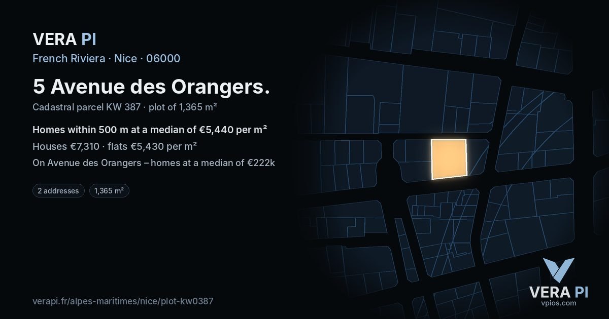 5 Avenue des Orangers, Nice at night – the plot lit, the parcels around coloured by the prices near them