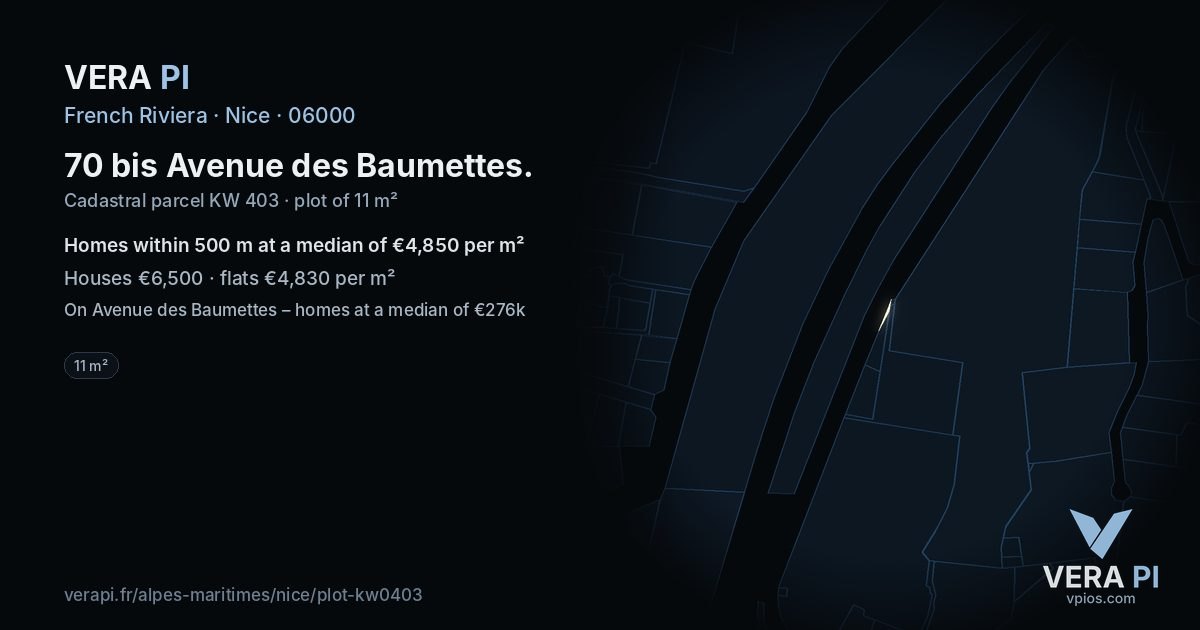 70 bis Avenue des Baumettes, Nice at night – the plot lit, the parcels around coloured by the prices near them