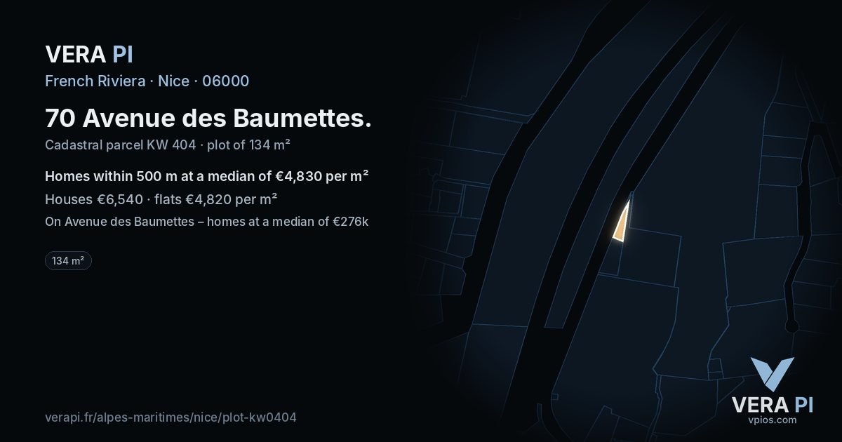 70 Avenue des Baumettes, Nice at night – the plot lit, the parcels around coloured by the prices near them