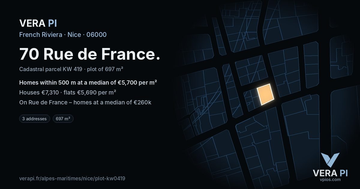 70 Rue de France, Nice at night – the plot lit, the parcels around coloured by the prices near them