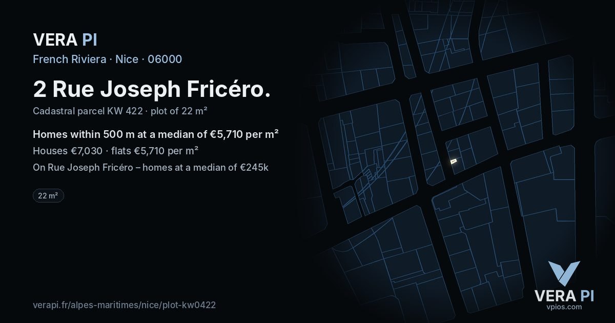 2 Rue Joseph Fricéro, Nice at night – the plot lit, the parcels around coloured by the prices near them