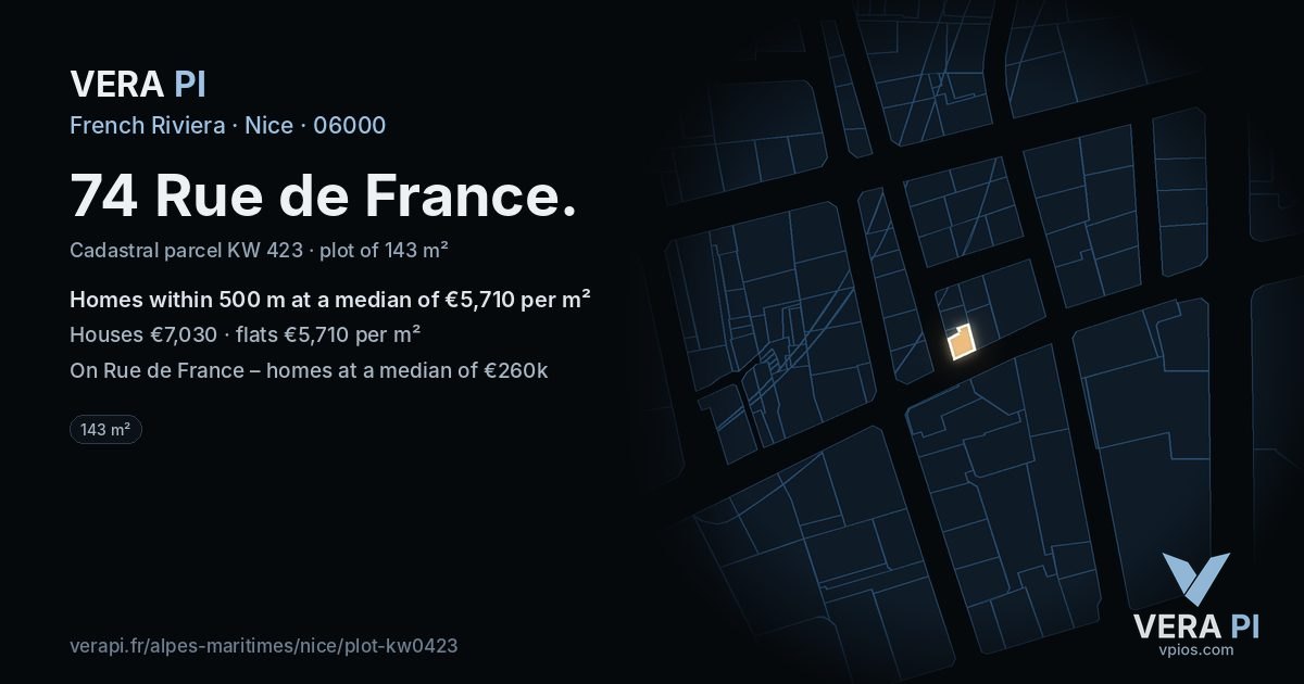 74 Rue de France, Nice at night – the plot lit, the parcels around coloured by the prices near them