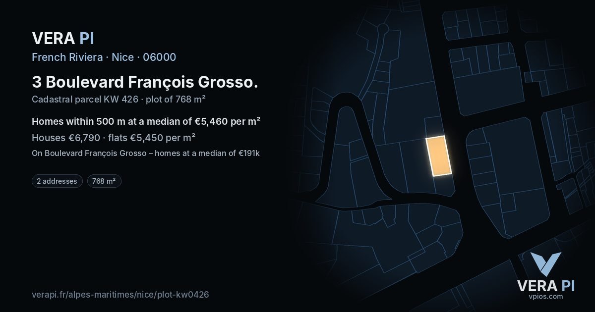 3 Boulevard François Grosso, Nice at night – the plot lit, the parcels around coloured by the prices near them
