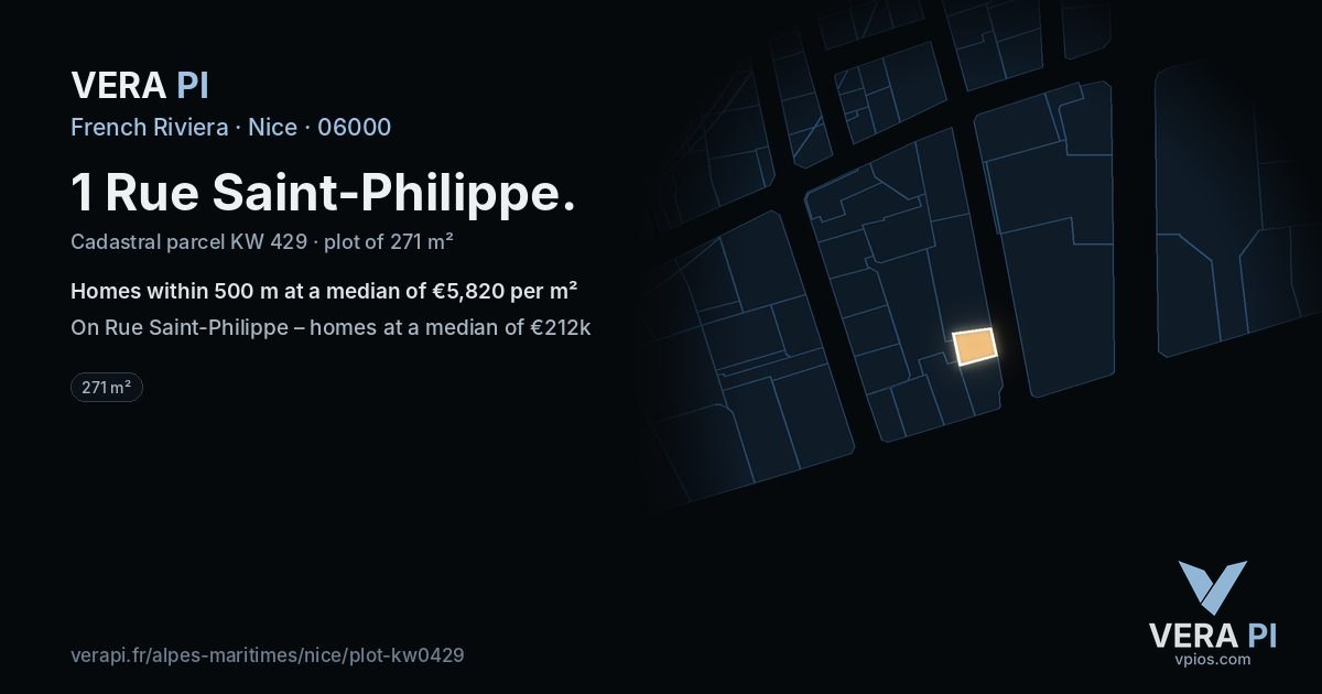 1 Rue Saint-Philippe, Nice at night – the plot lit, the parcels around coloured by the prices near them