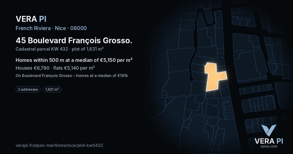 45 Boulevard François Grosso, Nice at night – the plot lit, the parcels around coloured by the prices near them