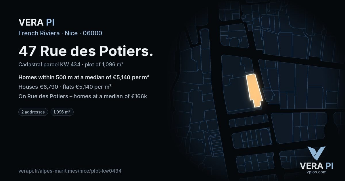 47 Rue des Potiers, Nice at night – the plot lit, the parcels around coloured by the prices near them