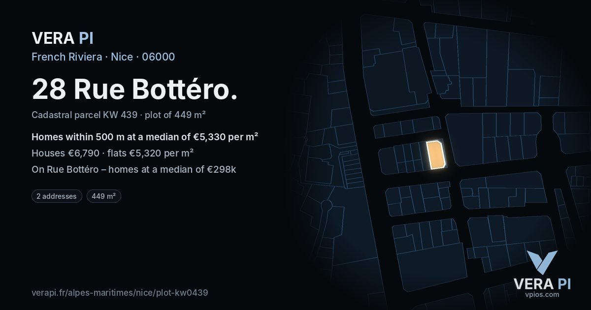 28 Rue Bottéro, Nice at night – the plot lit, the parcels around coloured by the prices near them