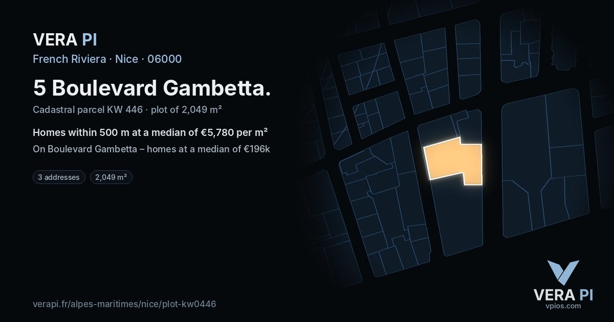 5 Boulevard Gambetta, Nice at night – the plot lit, the parcels around coloured by the prices near them