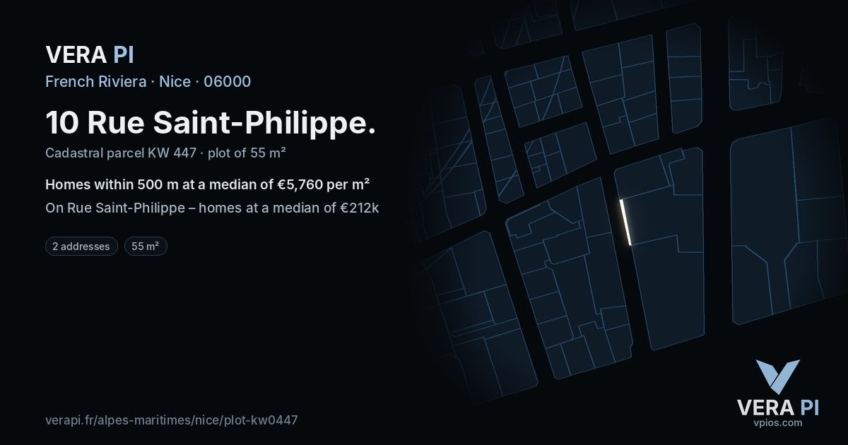 10 Rue Saint-Philippe, Nice at night – the plot lit, the parcels around coloured by the prices near them