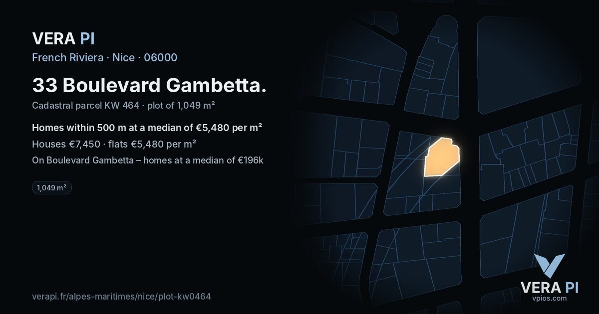 33 Boulevard Gambetta, Nice at night – the plot lit, the parcels around coloured by the prices near them