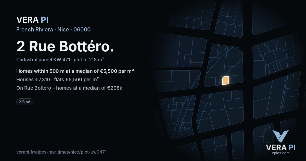 2 Rue Bottéro, Nice at night – the plot lit, the parcels around coloured by the prices near them