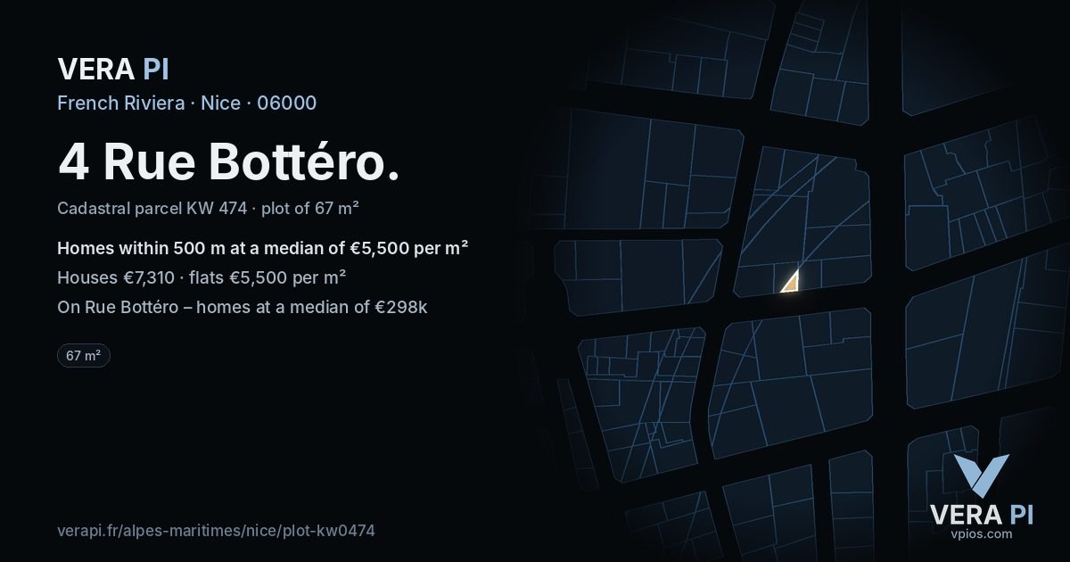 4 Rue Bottéro, Nice at night – the plot lit, the parcels around coloured by the prices near them