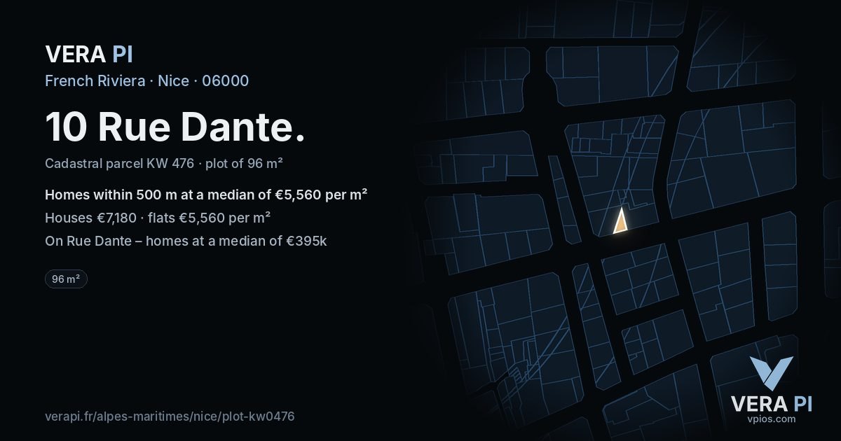 10 Rue Dante, Nice at night – the plot lit, the parcels around coloured by the prices near them