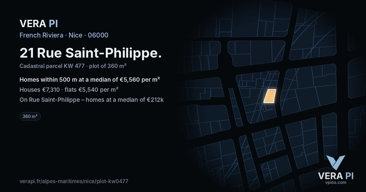 21 Rue Saint-Philippe, Nice at night – the plot lit, the parcels around coloured by the prices near them