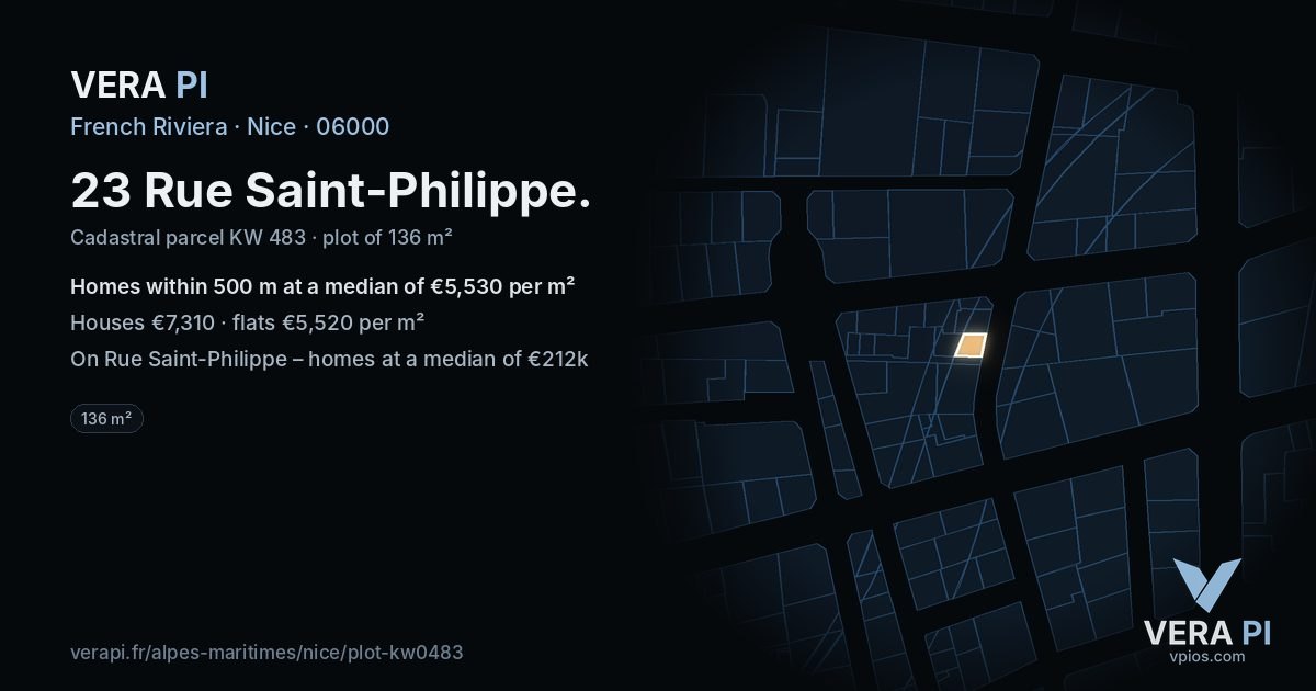 23 Rue Saint-Philippe, Nice at night – the plot lit, the parcels around coloured by the prices near them