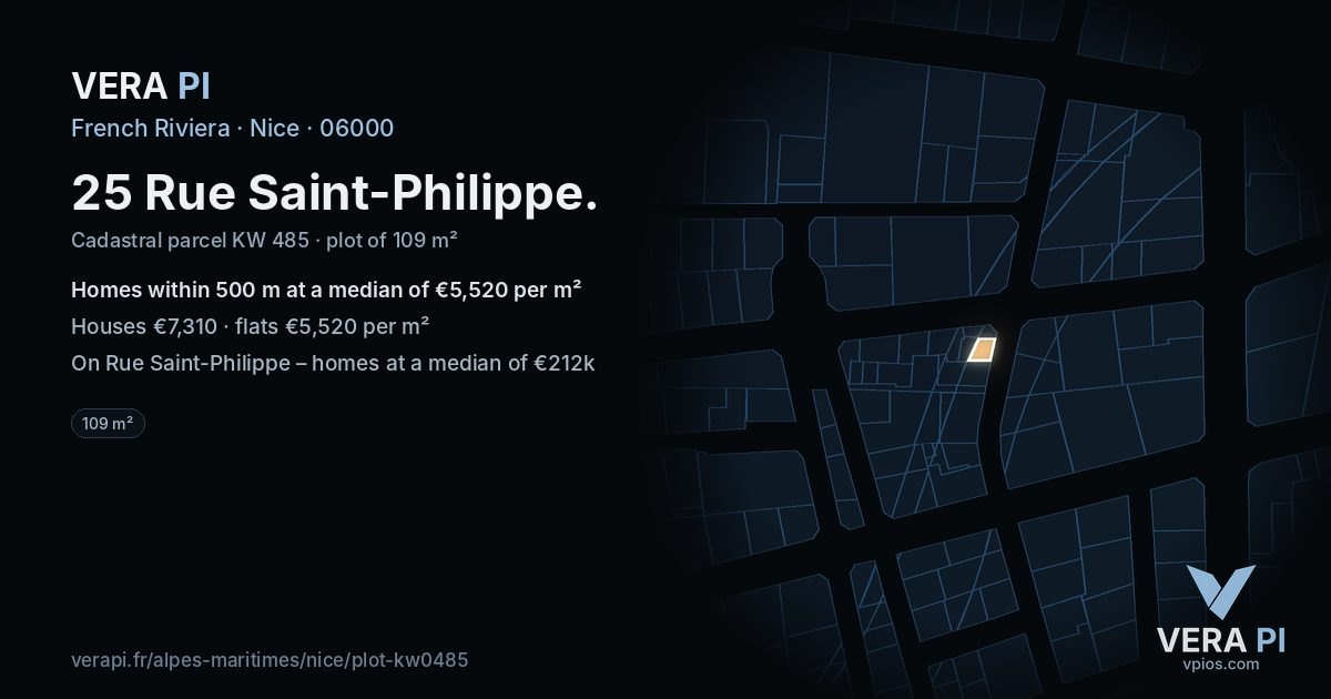 25 Rue Saint-Philippe, Nice at night – the plot lit, the parcels around coloured by the prices near them