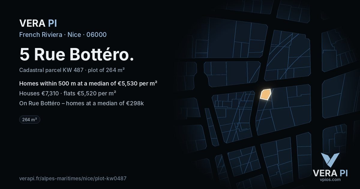 5 Rue Bottéro, Nice at night – the plot lit, the parcels around coloured by the prices near them