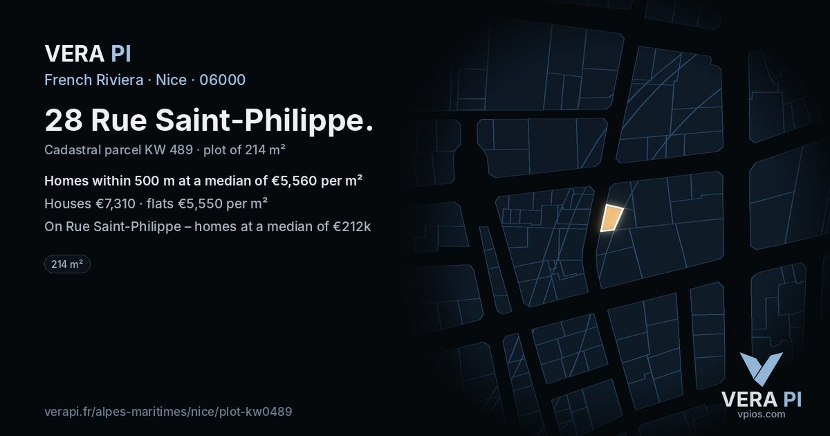 28 Rue Saint-Philippe, Nice at night – the plot lit, the parcels around coloured by the prices near them