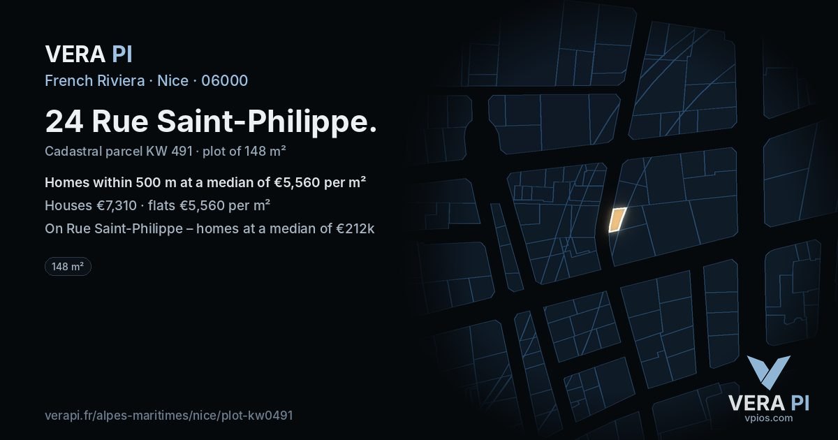 24 Rue Saint-Philippe, Nice at night – the plot lit, the parcels around coloured by the prices near them