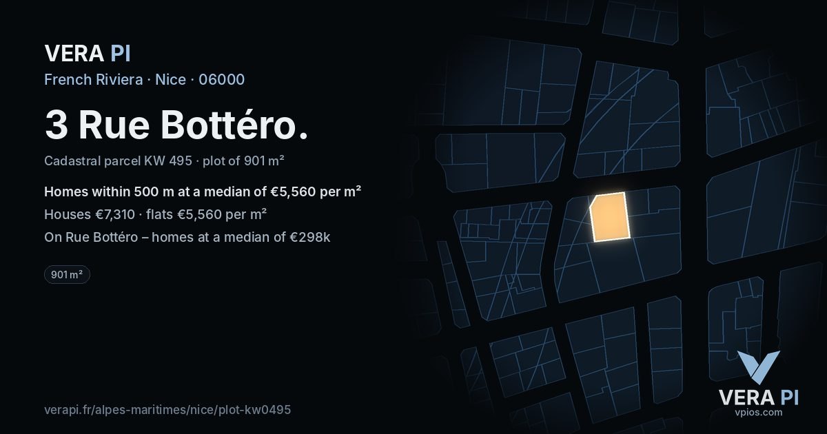 3 Rue Bottéro, Nice at night – the plot lit, the parcels around coloured by the prices near them