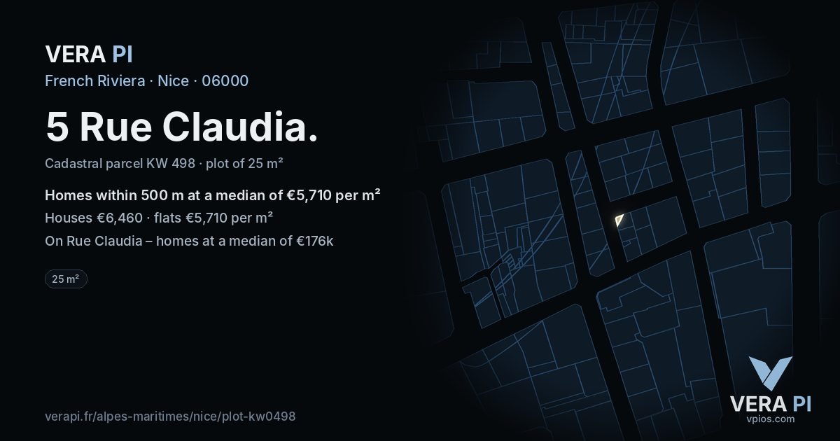 5 Rue Claudia, Nice at night – the plot lit, the parcels around coloured by the prices near them
