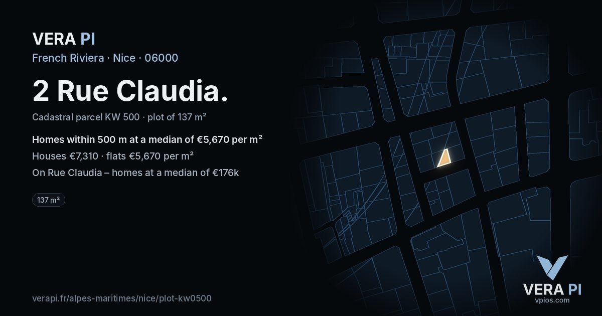 2 Rue Claudia, Nice at night – the plot lit, the parcels around coloured by the prices near them