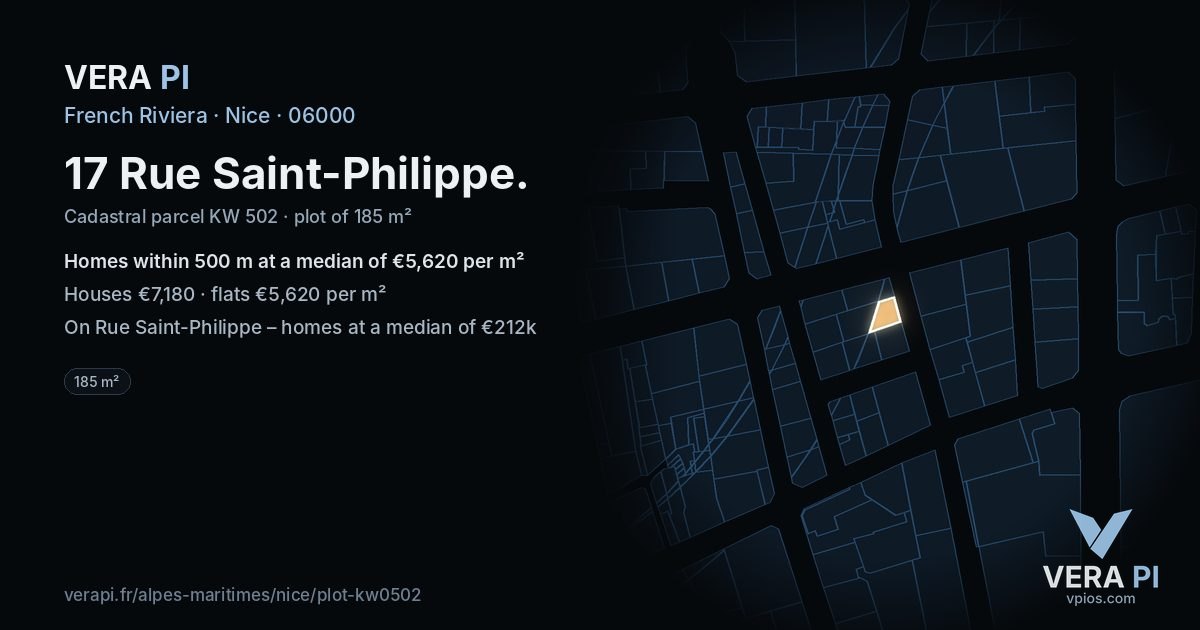 17 Rue Saint-Philippe, Nice at night – the plot lit, the parcels around coloured by the prices near them