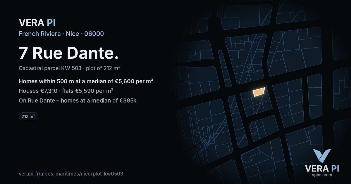 7 Rue Dante, Nice at night – the plot lit, the parcels around coloured by the prices near them