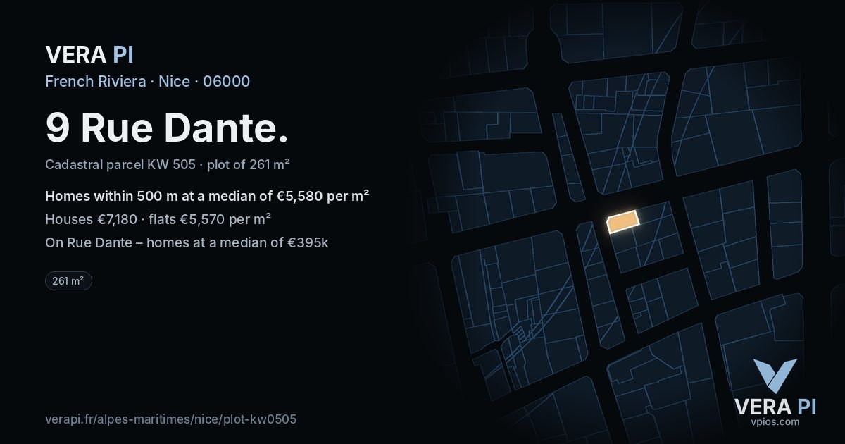 9 Rue Dante, Nice at night – the plot lit, the parcels around coloured by the prices near them