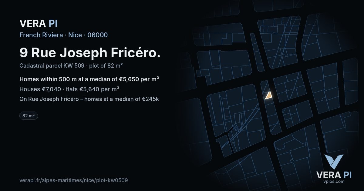 9 Rue Joseph Fricéro, Nice at night – the plot lit, the parcels around coloured by the prices near them