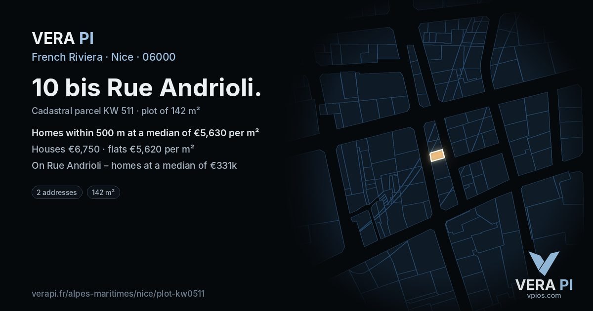 10 bis Rue Andrioli, Nice at night – the plot lit, the parcels around coloured by the prices near them