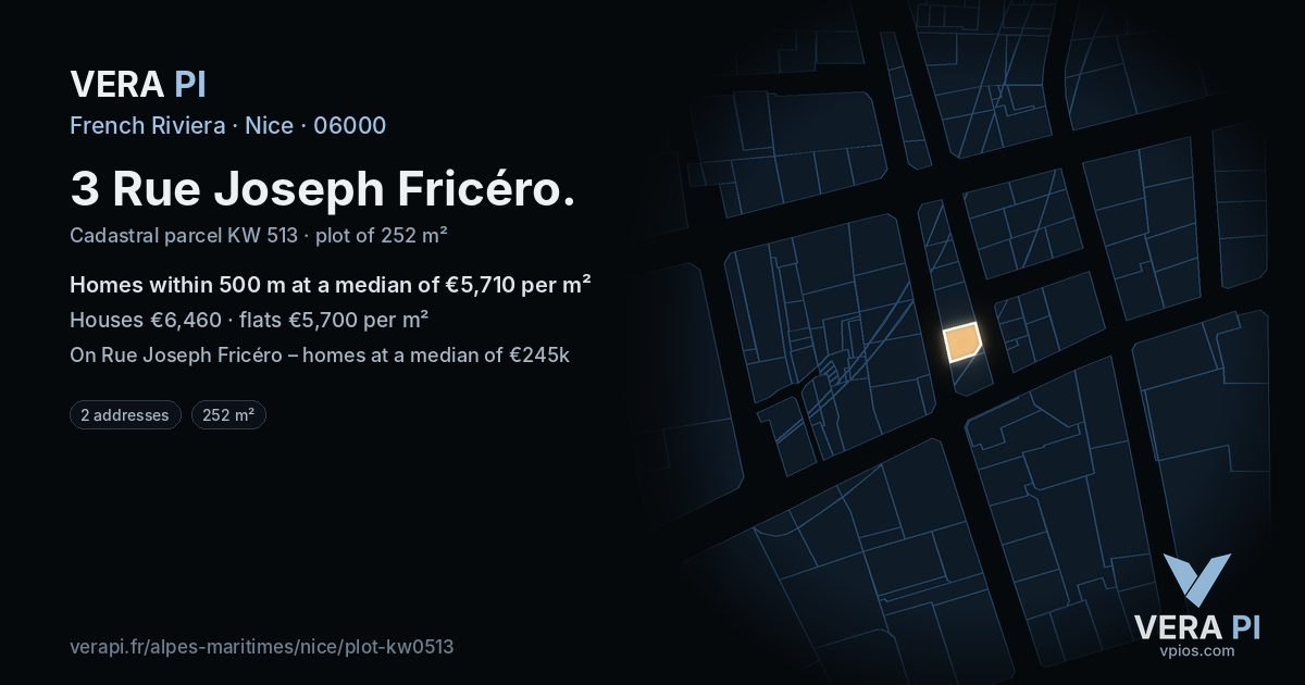 3 Rue Joseph Fricéro, Nice at night – the plot lit, the parcels around coloured by the prices near them