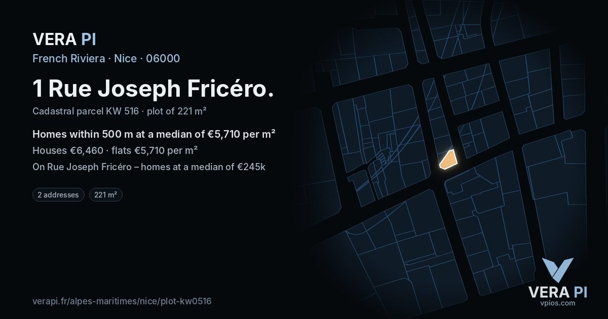 1 Rue Joseph Fricéro, Nice at night – the plot lit, the parcels around coloured by the prices near them