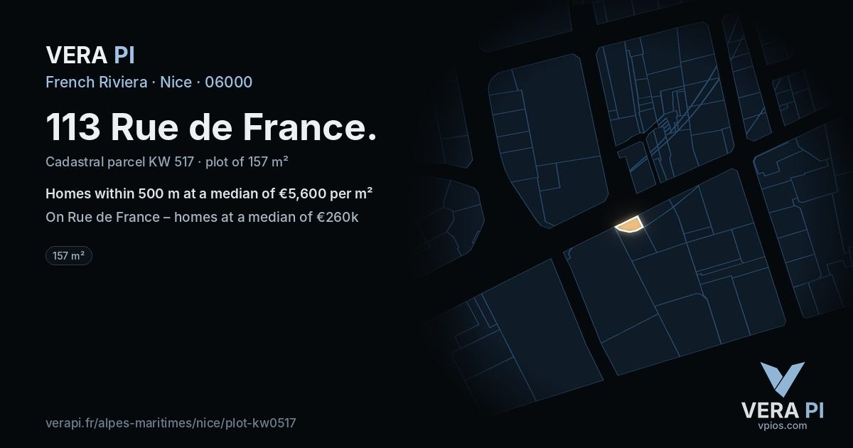 113 Rue de France, Nice at night – the plot lit, the parcels around coloured by the prices near them