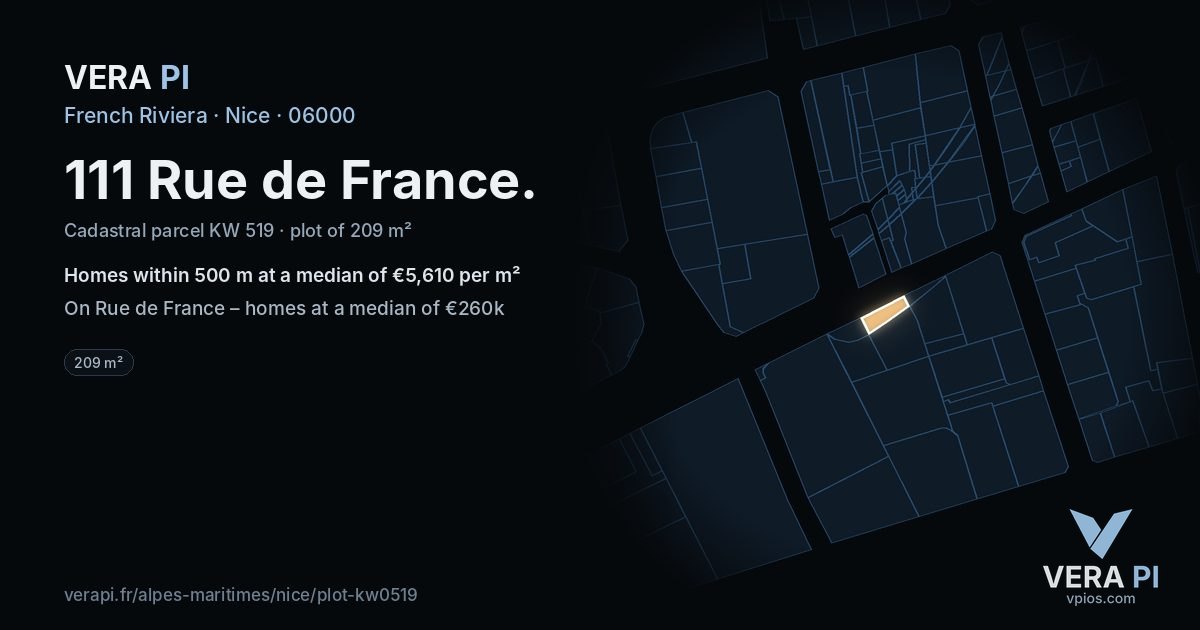 111 Rue de France, Nice at night – the plot lit, the parcels around coloured by the prices near them