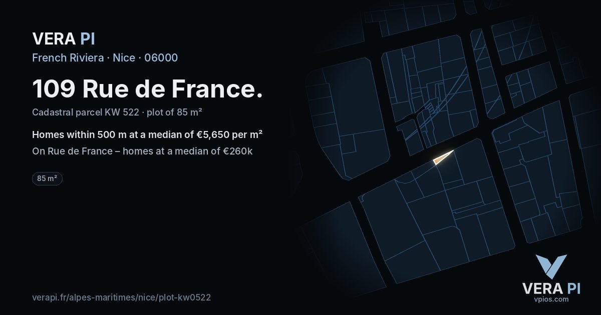 109 Rue de France, Nice at night – the plot lit, the parcels around coloured by the prices near them