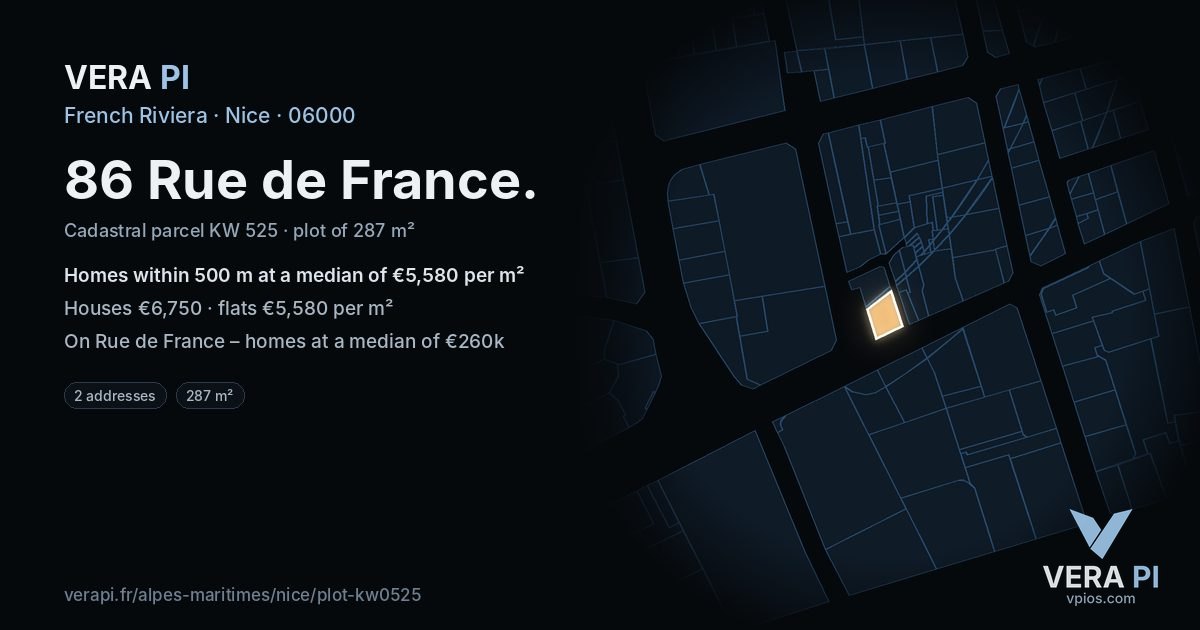 86 Rue de France, Nice at night – the plot lit, the parcels around coloured by the prices near them